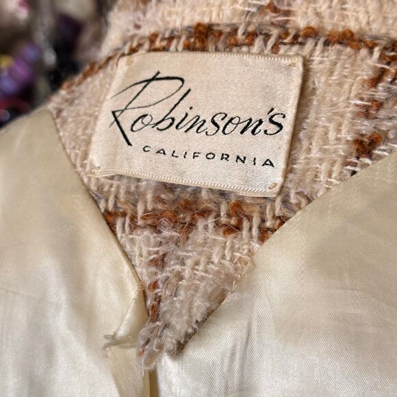 Vintage 1960s Robinson’s Department Cream Mohair Wool Belted Coat Plaid Mod - Picture 5 of 16